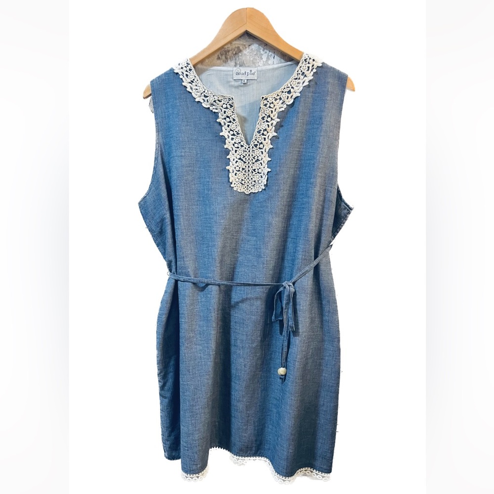 Mud Pie Sleeveless Dress Tunic Top XL Chambray and Crochet details